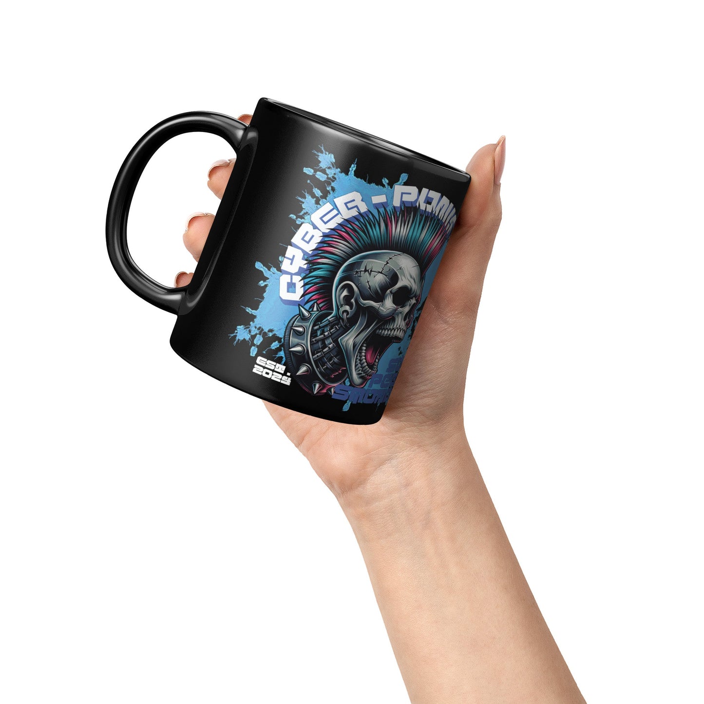 A Black Mug (11 oz | 3.25 dl) on a hand with Cyber Punk Skull Design. It is a piece of FBD Cyber Punk Collection Products. Each product of mentioned collection is limited edition in  99 pcs. Product design by FBD - Federal Bureau of Design.