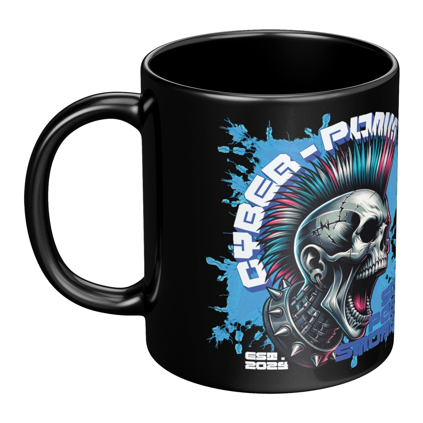 Right side of a Black Mug (11 oz | 3.25 dl) with Cyber Punk Skull Design. It is a piece of FBD Cyber Punk Collection Products. Each product of mentioned collection is limited edition in  99 pcs. Product design by FBD - Federal Bureau of Design.