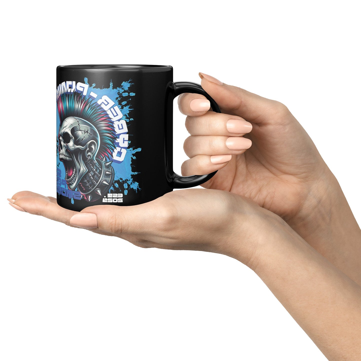 A Black Mug (11 oz | 3.25 dl) on a palm with Cyber Punk Skull Design. It is a piece of FBD Cyber Punk Collection Products. Each product of mentioned collection is limited edition in  99 pcs. Product design by FBD - Federal Bureau of Design.