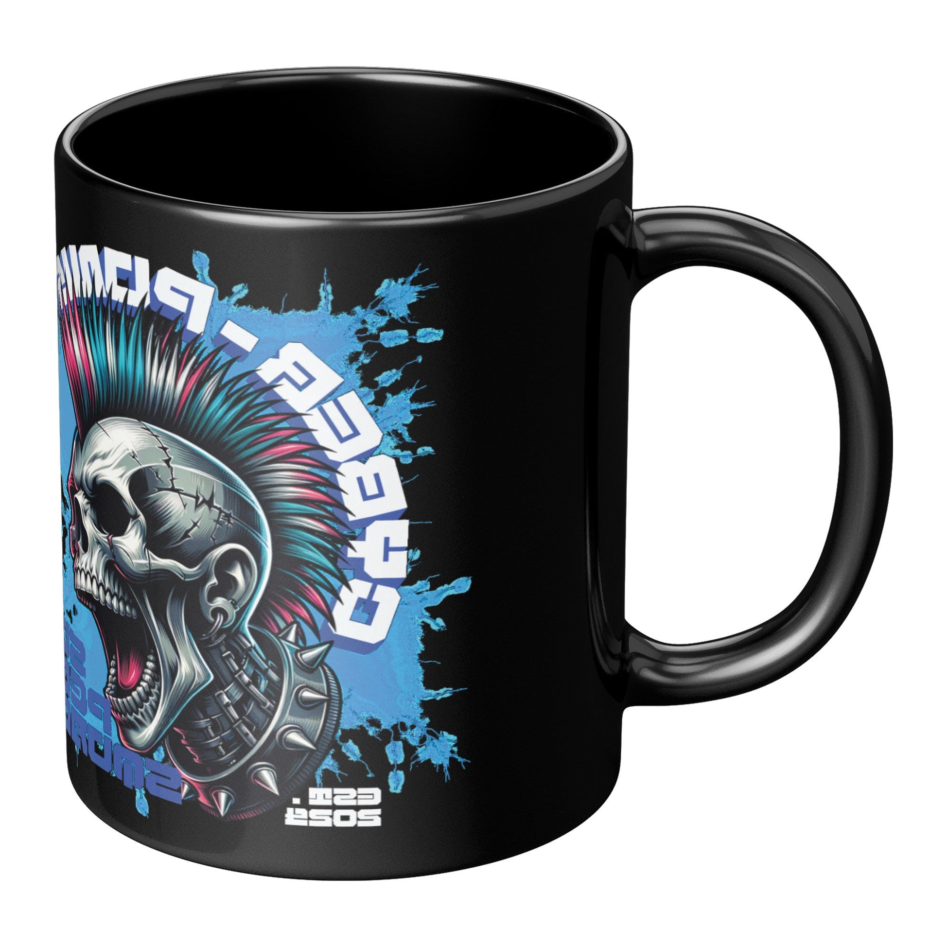 Left side of a Black Mug (11 oz | 3.25 dl) with Cyber Punk Skull Design. It is a piece of FBD Cyber Punk Collection Products. Each product of mentioned collection is limited edition in  99 pcs. Product design by FBD - Federal Bureau of Design.