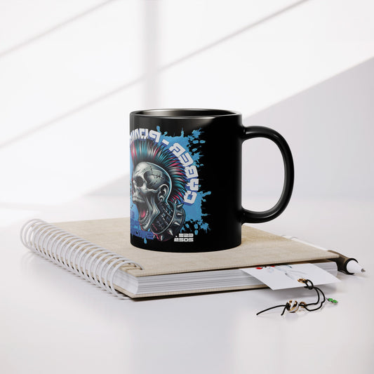 A Black Mug (11 oz | 3.25 dl) on top of a notepad with Cyber Punk Skull Design. It is a piece of FBD Cyber Punk Collection Products. Each product of mentioned collection is limited edition in  99 pcs. Product design by FBD - Federal Bureau of Design.