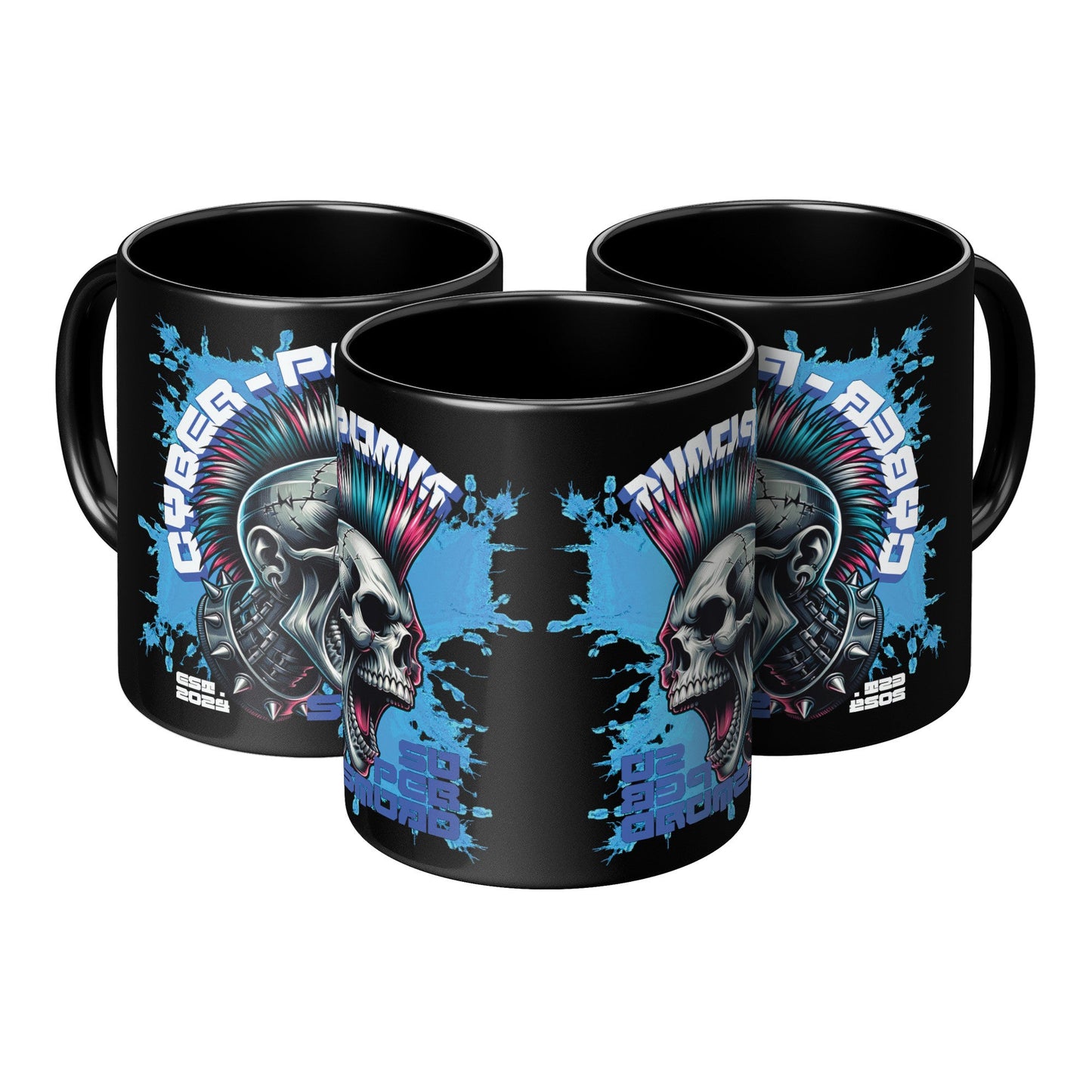 Left, right and front side of a Black Mug (11 oz | 3.25 dl) with Cyber Punk Skull Design. It is a piece of FBD Cyber Punk Collection Products. Each product of collection is limited edition in  99 pcs. Design by FBD - Federal Bureau of Design.