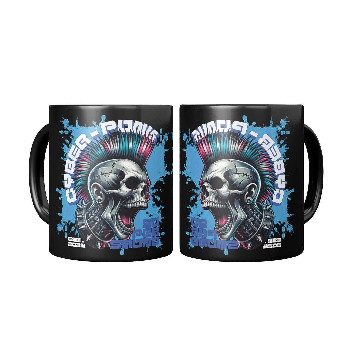 Both sides of a Black Mug (11 oz | 3.25 dl) with Cyber Punk Skull Design. It is a piece of FBD Cyber Punk Collection Products. Each product of mentioned collection is limited edition in  99 pcs. Product design by FBD - Federal Bureau of Design.