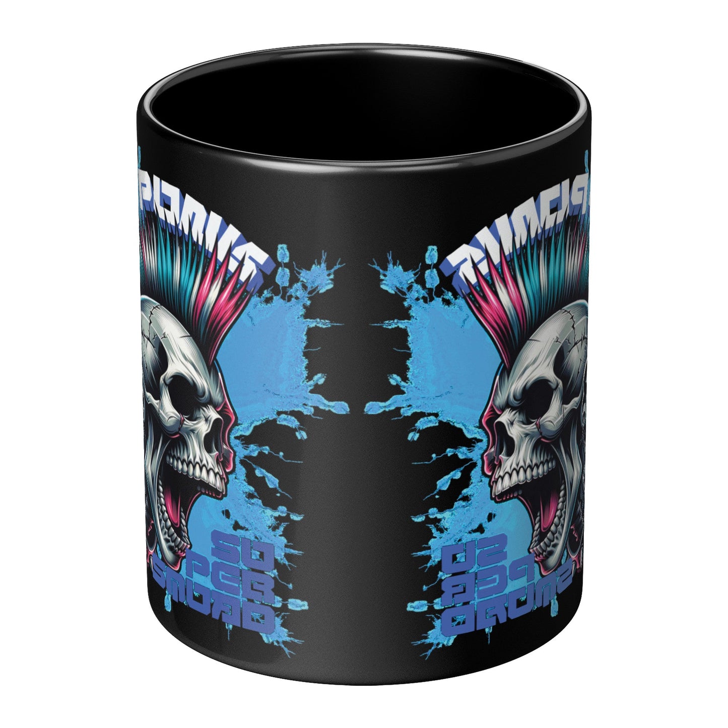 Front side of a Black Mug (11 oz | 3.25 dl) with Cyber Punk Skull Design. It is a piece of FBD Cyber Punk Collection Products. Each product of collection is limited edition in  99 pcs. Design by FBD - Federal Bureau of Design.