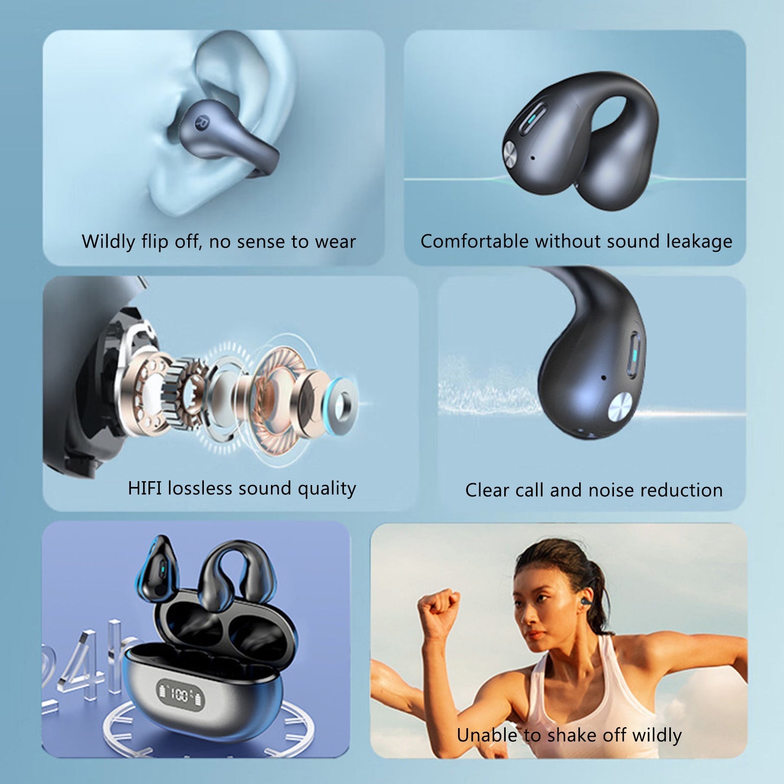 Bluetooth Earbuds with Earhooks - Digital Display, Open Design - Wholesale Electronics