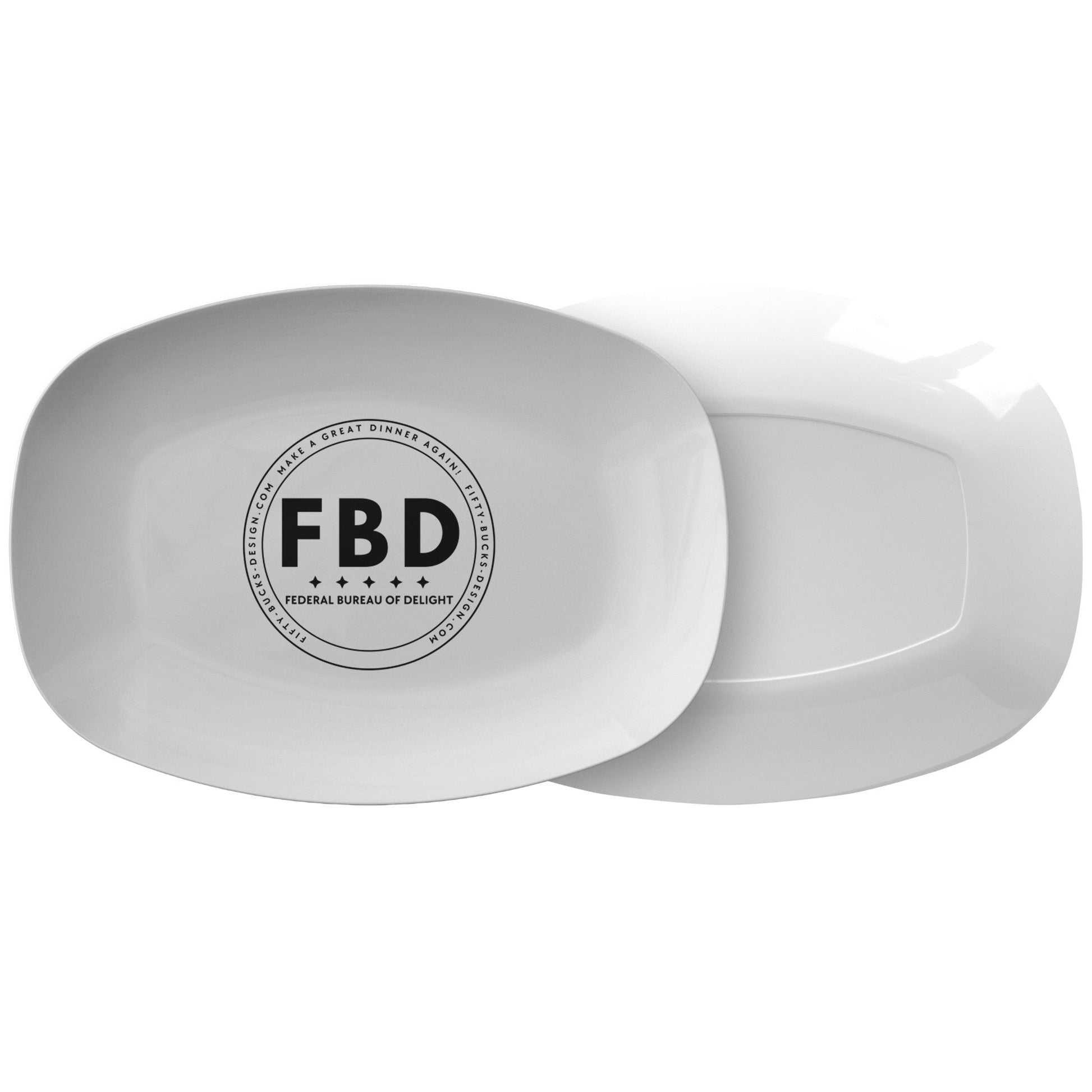 Practically Unbreakable White Serving Platter with Black FBD-logo. Size: 10in x 14in (25.4cm x 35.5cm).  Designed in Finland by FBD. Made in USA. Buy at Wholesale-Electronics.com