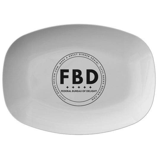 CPSC - Certified and FDA - Compliant, and Practically Unbreakable White Serving Platter with Black FBD-logo. Size: 10in x 14in (25.4cm x 35.5cm).  Designed by FBD. Buy at Wholesale-Electronics.com