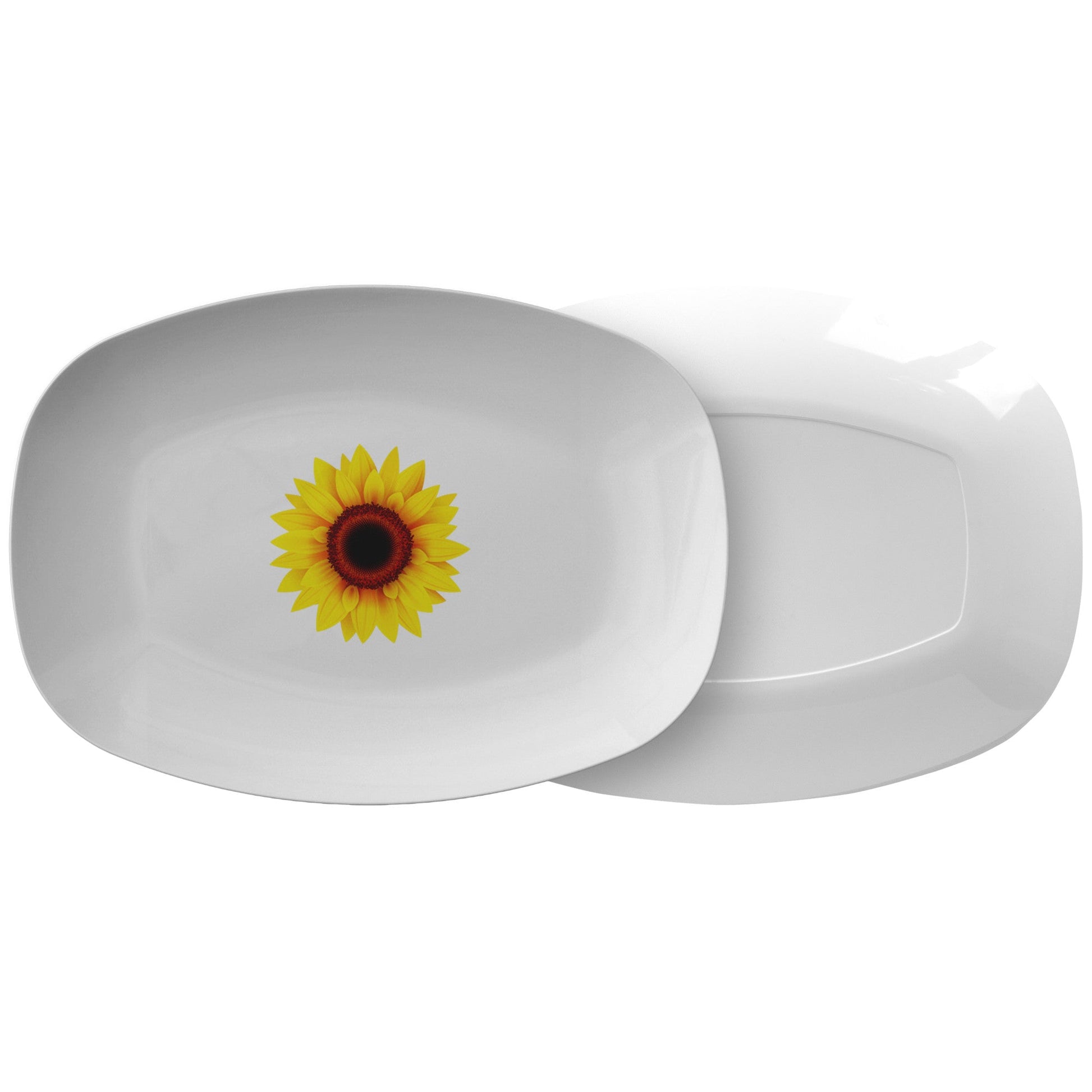 Dishes for Extreme Conditions: White Serving Platter with Sunflower Design by FBD. Size 10x14in (25.4cm x 35.5cm).