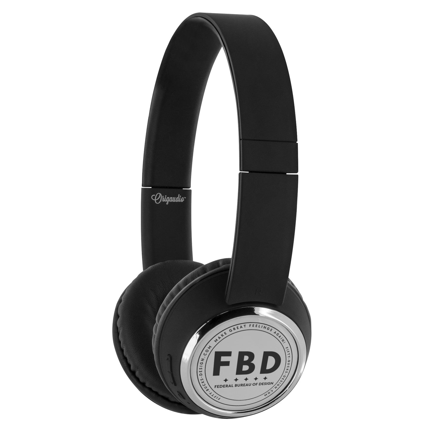 FBD Audio Gear, with Silky-Smooth Sound and Deep Bass Headphones with Bluetooth Connection. The FBD logo, which fits the headphones more than good, is laser etched, so it is both very precisely executed and durable. Designed by FBD - Federal Bureau of Design.